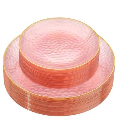 50/25/7/1 Pcs Pink Hammered Single Gold Rim Dinner Plates, Salad Plates, 10.25" And 7.5" Serving Trays, Suitable For Parties, Family Gatherings, Events, Outdoor, Weddings, Restaurants