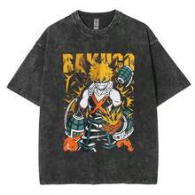 Anime My Hero Academy Bakugo Katsuki Logo Pattern T-Shirt 2026 Summer Men's Women's Luxury Fashion Retro Leisure Cotton T-Shirt - 灰色 - 查看 13
