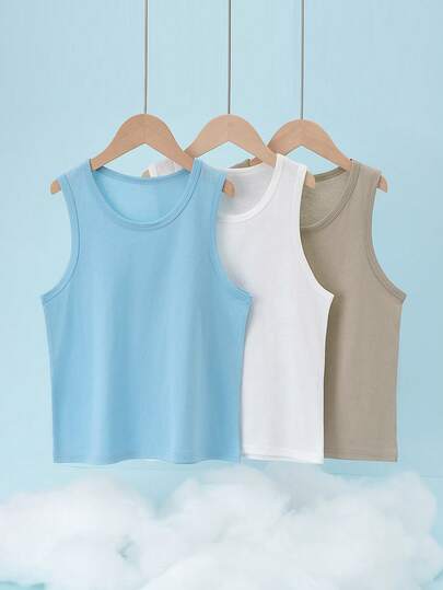 Set de 3 camisetas de tirantes de algodón de verano para niños, camisetas de tirantes sin mangas de unicolor delgadas para niños