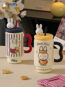 Taza de café de cerámica con tapa y pajita de Miffy de gran capacidad con licencia oficial - Adorable taza decorativa con forma de conejo de anime japonés 3D - Recipiente perfecto para bebidas calientes/frías en el hogar/oficina - Regalo ideal de cumpleaños/festividad para adolescentes, adultos y fans del anime - Multicolor - Ver 8