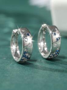 1 Pair Handmade White & Blue Cubic Zirconia Earrings Made Of Small Copper Material, Suitable For Women's Fashion Party & Engagement - Blue - View 4