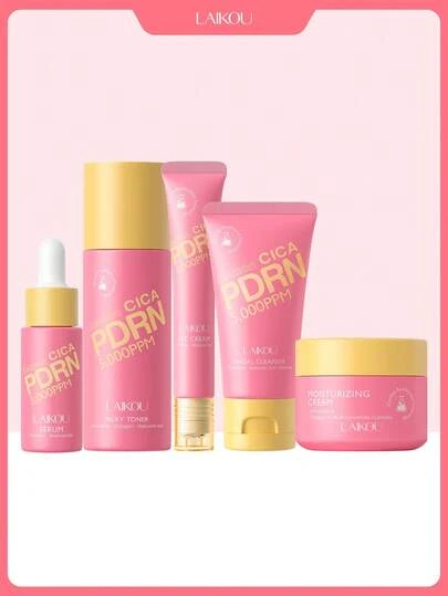  一套莱寇 (LAIKOU) 抗氧化积雪草保湿护肤套装（积雪草洁面乳 50g + 积雪草爽肤水 100ml + 积雪草精华液 17ml + 积雪草眼霜 20g + 积雪草保湿霜 30g），抗衰老护肤礼盒，保湿修护护肤礼品袋，深层滋养，适合女性、妈妈、妻子、姐妹、青少年、女朋友，母亲节礼物。