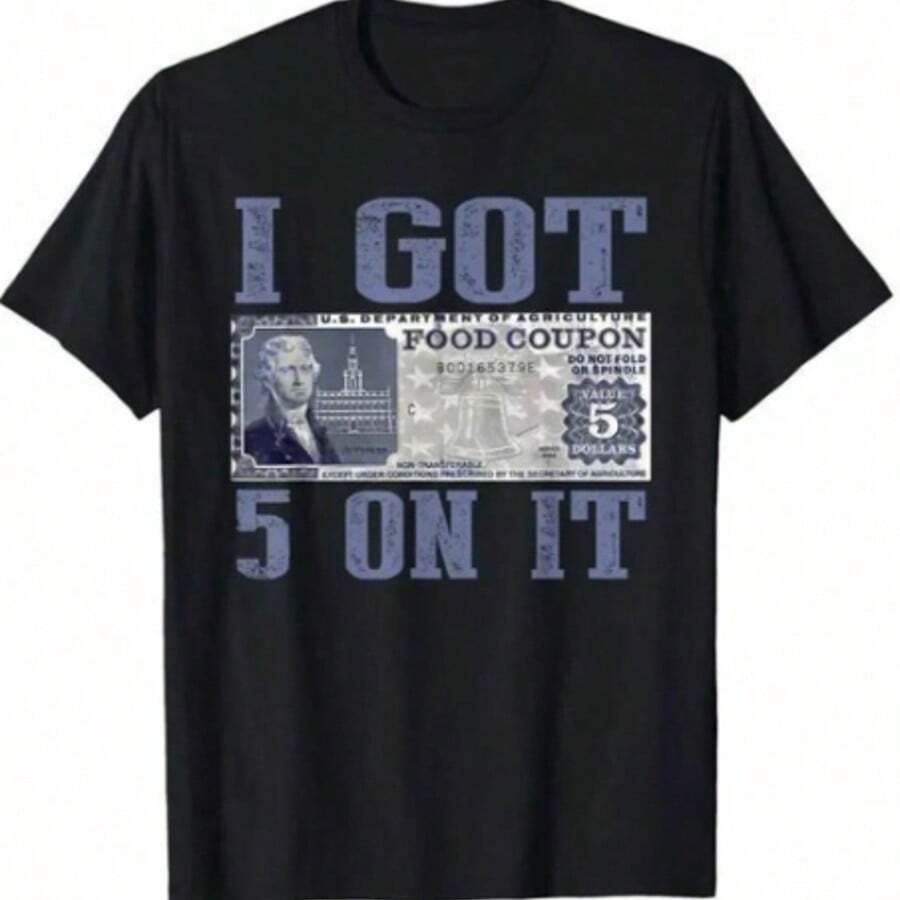 100% Cotton Loose Fit Graphic T-Shirt - "I Got $5 On It" Streetwear Design With Vintage Currency Print, Black Casual Short Sleeve Tee For Casual Attire &Amp; Holiday Gifts - Black - View 1