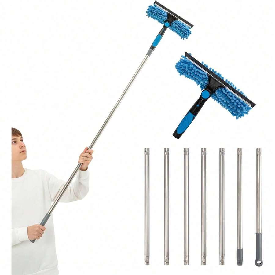 2-In-1 Window Cleaner Squeegee With Extendable Telescopic Pole – No Ladder Needed For High Windows, Glass & Car Windshield (Blue) - blue - View 1