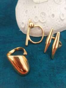 Set de 3 anillos geométricos asimétricos minimalistas y elegantes de oro, un regalo de joyería versátil para mujeres, para usar en fiestas - Multicolor - Ver 3
