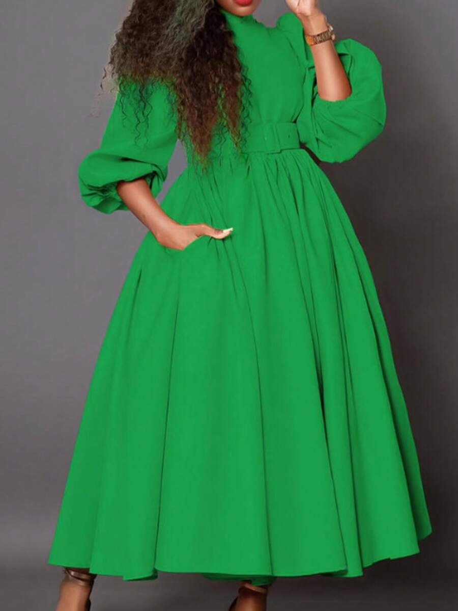 Đầm xòe thanh lịch màu trơn, có túi và thắt lưng, thích hợp cho nữ mùa xuân. - màu xanh lá - Xem 1