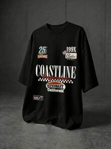 Men's Coastline Performance Letter Slogan Graphic T-Shirt, Casual Street Vintage Racing Motorcycle Pacific Coast California Style, Black - Black - View 2