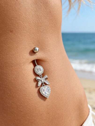 1 pieza Anillo de ombligo elegante y lujoso con cristal en forma de lazo y corazón, joyería corporal para fiestas de playa de verano para mujeres