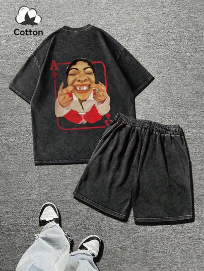 男士加大码水洗T恤套装，纯棉短袖，街头风趣味Emo图案乐队T恤，篮球服，平价服装