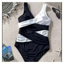 Women's Color Block One Piece Swimsuit - Black & White Wrap Bathing Suit, Tummy Control, Stylish Beachwear For Women, Comfortable & Flattering Swimsuit - 多色868 - 查看 4