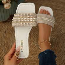 1 đôi dép xăng đan kiểu dáng nghỉ mát, dép lê mũi vuông đế bằng dành cho nữ, dép xỏ ngón họa tiết vải lanh, trang phục ngoài trời mùa hè đa năng. - trắng - Xem 4