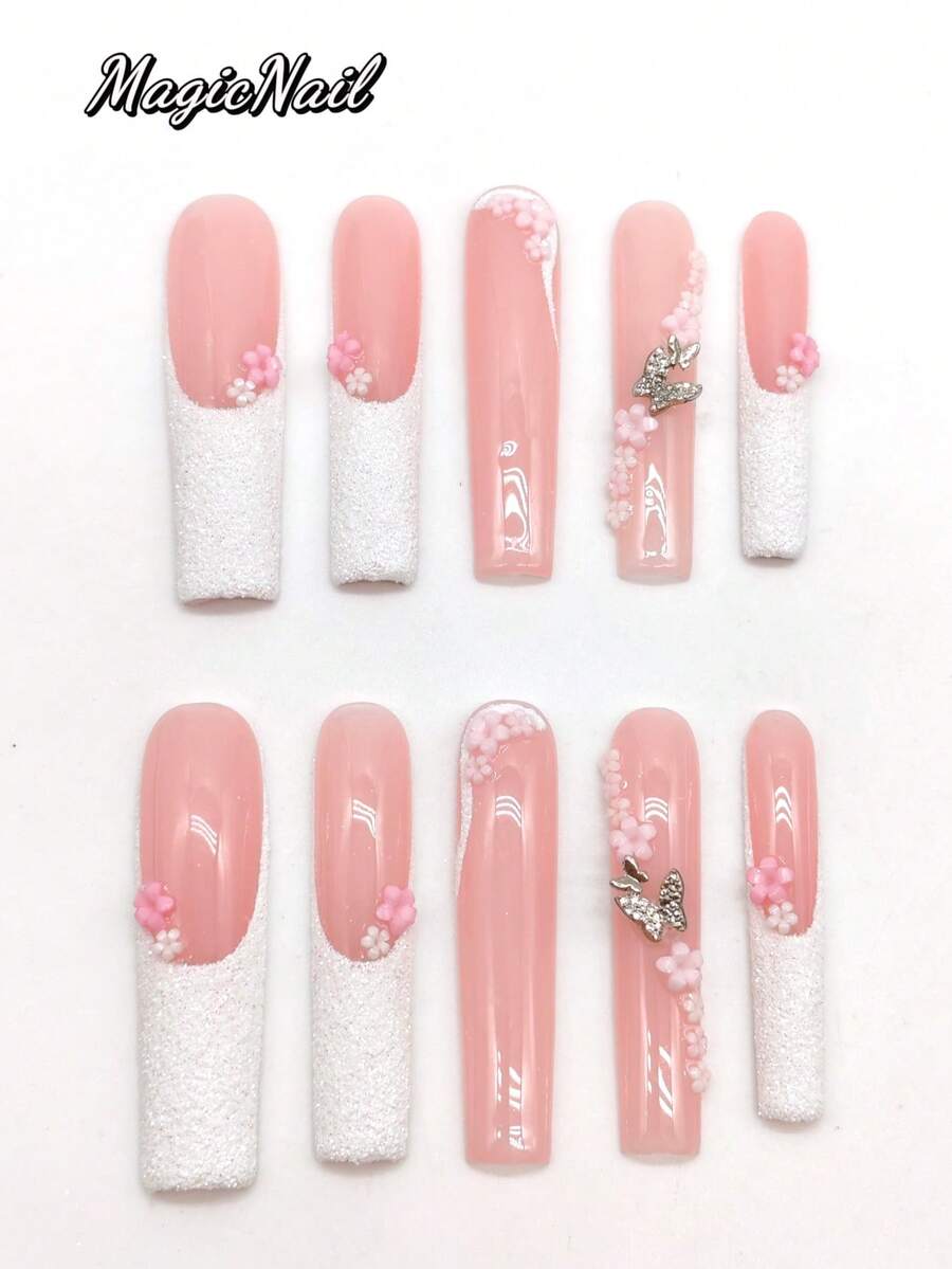 10 Pieces Of Pure Hand-Pressed Wearing Nail, 55mm Long Coffin-Shaped Nail, Pink Nail, White Glitter Powder Covering Part Of The Fingertips Of The Nail, 3D White Small Flower Pink Small Flower Line, Golden Butterfly Jewelry. Cute Nail Piece, Suitable For Daily Leisure Vacation, Wedding Banquets, Parties, Shows And Other Activities. - Nhiều màu - Xem 1