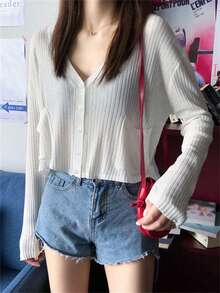 女士宽松短款罩衫，长袖开襟针织衫，轻薄春夏外套 - 白色 - 查看 5