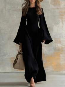Vestido Largo Mujer Estilo Vaquero Western Entallado Mangas Acampanadas Casual - Negro - Ver 1