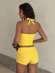 Women's Two-Piece Swimwear, Elegant Sexy Striped Print Short Swim Top With Shorts Yellow - Yellow - View 4