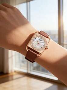 DOM 1 chiếc đồng hồ đeo tay nữ công sở mặt chữ nhật chống nước, thời trang và thanh lịch, dây da màu nâu mocha, thích hợp đeo hàng ngày. - Màu nâu  Mocha - Xem 4