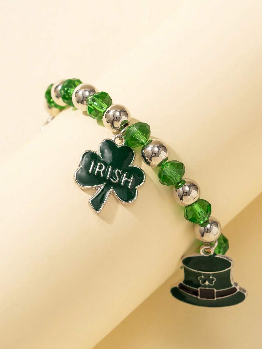 1 pieza Pulsera del Día de San Patricio - Sombrero verde primavera, diseño de trébol, pulsera elástica, para regalo de fiesta festiva - Multicolor - Ver 1