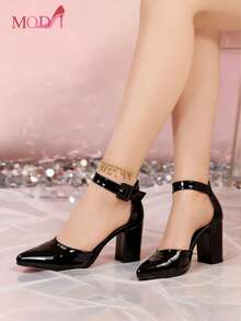 Zapatos de tacón alto negros para mujer con detalle de hebilla y punta, diseño de tacón alto.  Zapatos de tacón alto de mujer con punta afilada en corte en V, versátiles y sencillos, ideales para el trabajo, citas, fiestas, Halloween, Navidad, Año Nuevo y San Valentín, color negro Zapatos de tacón monocromáticos, simples y elegantes, hechos negro brillante, con tacón, adecuados para ocasiones profesionales y formales, apropiados para mujeres, modernos y adorables, cómodos y prácticos, ideales para oficina, reuniones o uso en el hogar. - Negro - Ver 10