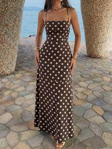 Đầm maxi nữ Unadoll mùa xuân hè, họa tiết chấm bi lớn kiểu Pháp, cổ vuông, dây mảnh, hở lưng, thắt eo, màu nâu đậm, thích hợp cho kỳ nghỉ biển, kiểu dáng thanh lịch. - màu nâu - Xem 11