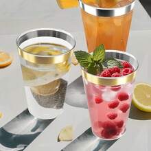 20pcs Transparent Crystal Gold Plastic Cups - 7oz (Approx. 200ml) Crystal Clear Cups Suitable For Juice And Cold Drinks, Wedding And Party Cups - Gold - View 4