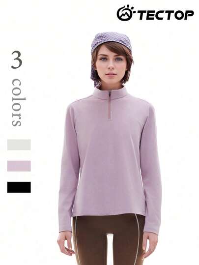 TECTOP Camiseta de cuello alto de manga larga para mujer, primavera/verano, con cremallera de 1/4, cómoda y elástica, adecuada para deportes, fitness, yoga, actividades al aire libre
