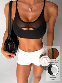Women's Solid Color Removable Padded Mesh Patchwork Sports Knit Bra - Black - View 1