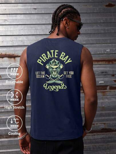 Camvyn White Shark Men's Casual Fashionable Street Pirate Print Round Neck Tank Top, Summer