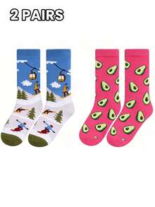2 Pairs Funny Skiing Scene & Avocado Pattern Mid-Calf Socks, Unisex Couple Socks - Multicolor - View 6