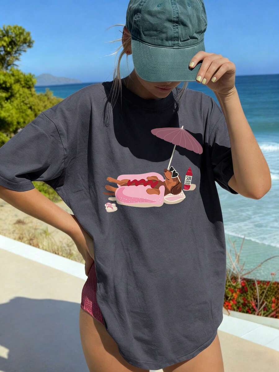 女士夏季新款沙滩日光浴腊肠犬印花休闲度假宽松百搭圆领米色短袖T恤，时尚日常穿着 - 深灰色 - 查看 1