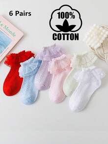6 pares de calcetines de encaje de princesa de moda versátil para fiestas, de algodón sólido para niños - Multicolor - Ver 6