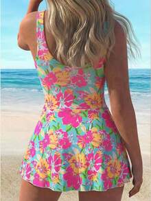 Women's Cute Ditsy Floral One-Piece Swimsuit, Spaghetti Strap High Waist Design, Medium Stretch Vacation Beach - Multicolor - View 2