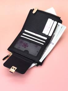 女士短款钱包，纯黑色，柔软精致的PU皮革手机钱包，时尚按扣双拉链大容量多功能钱包卡包，轻巧简约手拿包，适合作为节日礼物 - 黑色 - 查看 7