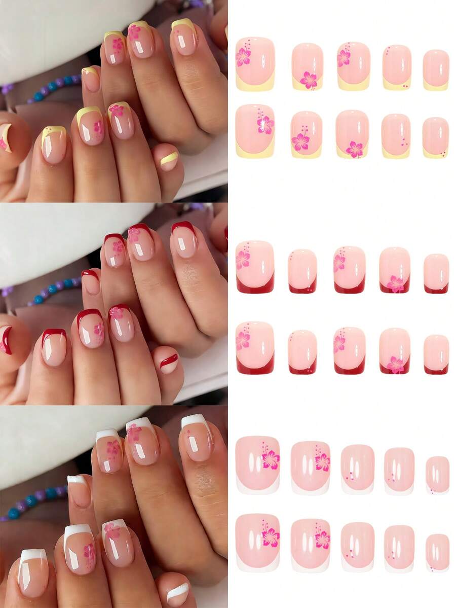 72片装短款方形优雅夏威夷花朵法式美甲贴片，3种颜色可选，全覆盖式美甲贴纸，适合女性日常佩戴，包含1张美甲贴纸和1个迷你指甲锉，颜色随机发货 - 彩色 - 查看 1