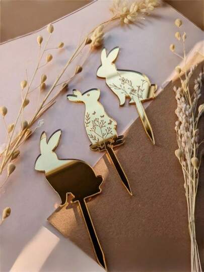 Three Pieces Set Of Acrylic Cupcake Easter Decorative Insert With Easter Bunny Egg, Perfect For Decorating Cakes At Spring Parties, Golden Mirror Acrylic Cake Decorative Insert Easter Party Cake Decorative Supplies