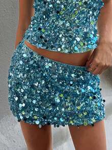 Women's Sexy Blue Sequin Mini Skirt, Shiny Sequin High Waist Skirt Suitable For Carnival, Music Festival, Party, Beach Party, Date Night, Summer Vacation, Hanging Out With Friends, Minimalist Spring/Summer Daily Wear - Blue - View 1