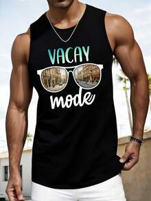 Camiseta informal de verano para hombre con cuello redondo y estampado de letras y palmeras - Negro - Ver 1