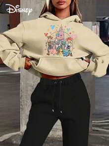 Disney Authorized, Loose Hooded Long Sleeved Top For Women, No Drawstring Hooded Sweatshirt Top, Hoodie,  Castle Cartoon Print - 杏色 - 查看 1
