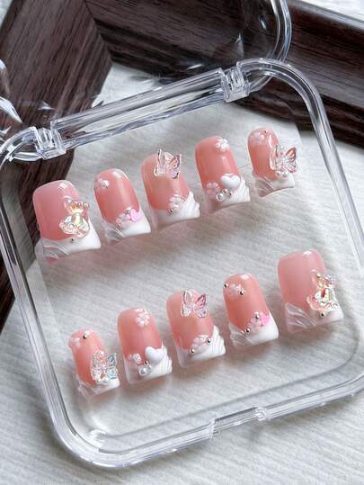 10pcs Pink Duckbill Handmade Press On Nails, White French Tips, Pink Nails, Acrylic Handmade False Nails With 3D Butterfly, Bear, Flower, And Heart Decorations, Simple And Cute False Nails, Suitable For Girls And Ladies' Daily Life, School, And Vacation Nail Decorations, Includes Gel And Nail File.