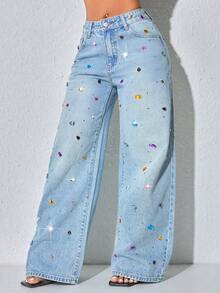 Pearl Decor Low Waist Wide Leg Casual Blue Jeans With Slant Pockets For Women Spring - Blue - View 6