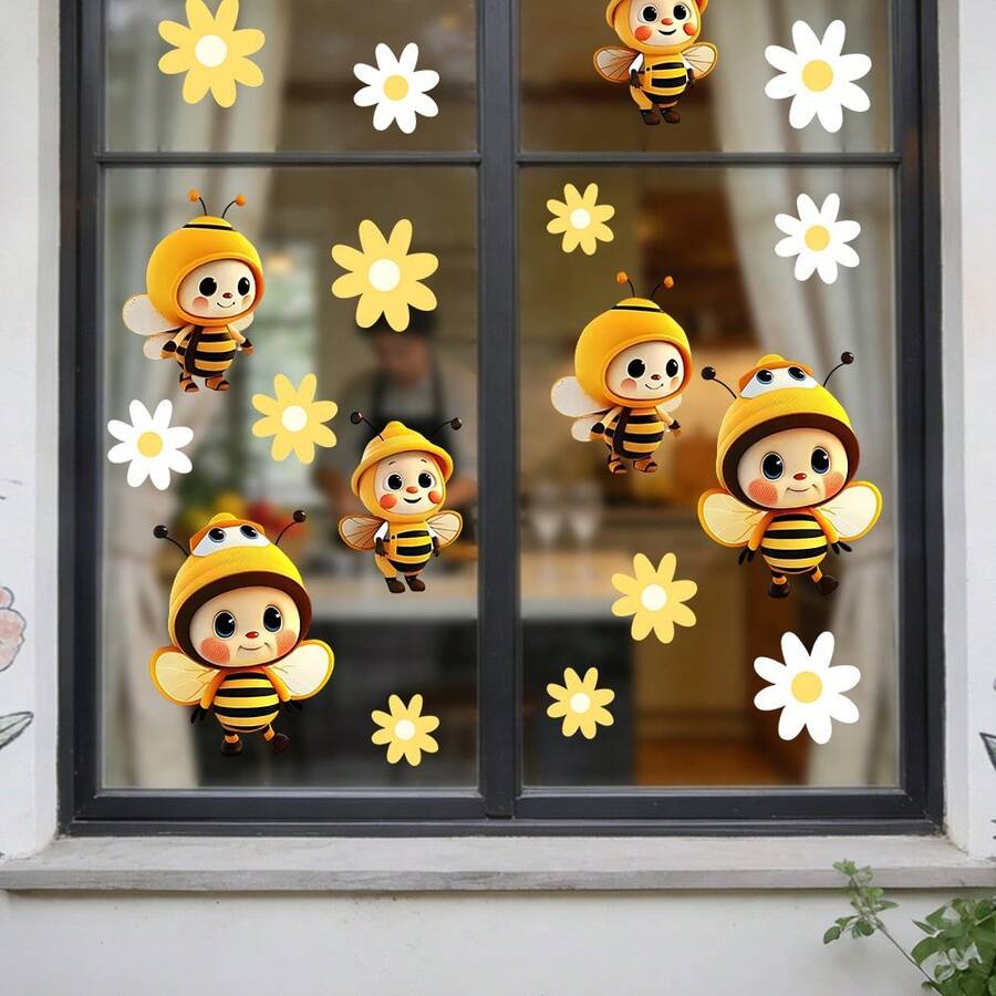 1/2/3pcsLovely Cartoon Bee Window Clings, Removable Bee With Yellow Daisy Decals, Reusable No Residue Window Stickers For Home Living Room Decor - Bee Window Stickers - View 1