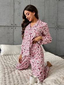 SANRIO 2件套HELLO KITTY女士印花纽扣长袖睡衣+松紧腰裤可爱睡衣套装 - 粉色 - 查看 6