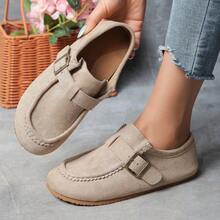 Women's Retro Suede Mules, Buckle-Strap Slip-On Clogs, Round-Toe Casual Loafers, Comfortable Flat Shoes For Everyday Wear. - 卡其色 - 查看 1