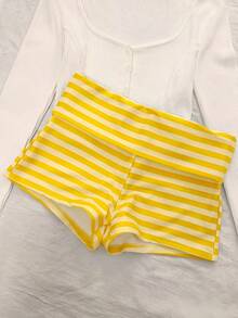 Women's Two-Piece Swimwear, Elegant Sexy Striped Print Short Swim Top With Shorts Yellow - Yellow - View 10