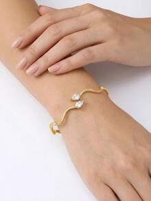 1件装奢华简约对称心形镶嵌锆石蛇形手镯，适合女性日常佩戴、节日、派对、开斋节/宰牲节礼物 - 鋯石滿鑲蛇形 - 查看 2