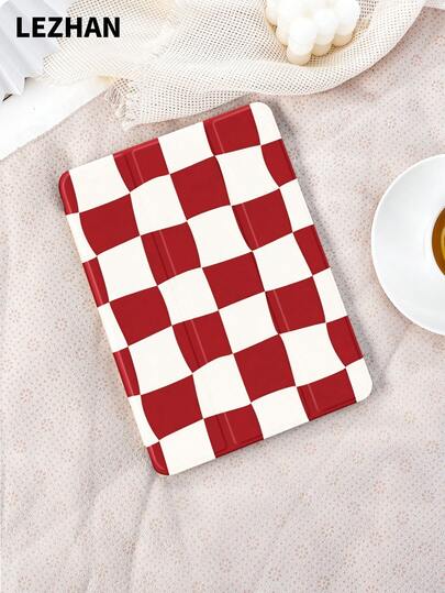 1个双色棋盘格图案平板电脑保护套，红色棋盘格纹，带笔槽，防震，三折式平板电脑支架保护壳，兼容10.2英寸、11英寸（2021/2020/第十代）、（A16）11英寸（第十一代，2025）、第八/第九/第十代、Galaxy Tab A8 10.5英寸（2022）、Matepad 10.4英寸/Tab，支持睡眠/唤醒功能，浪漫个性化礼物