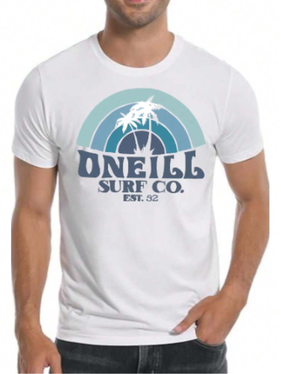 Camiseta masculina casual com estampa de palmeiras - oNeiLL Surf Co. Est. 1963, estampada, preta, algodão, gola redonda, mangas curtas, ideal para praia e uso casual, roupa de verão | Caimento confortável - Branco - Ver 1