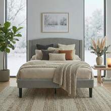 Allewie Modern Full/Queen/King Size Plush Teddy Fabric Bed Frame, Curved Upholstered Headboard, Easy Setup, Reinforced Durable Metal Frame, Under Bed Storage, No Box Spring Required, Gray - Xám - Xem 1