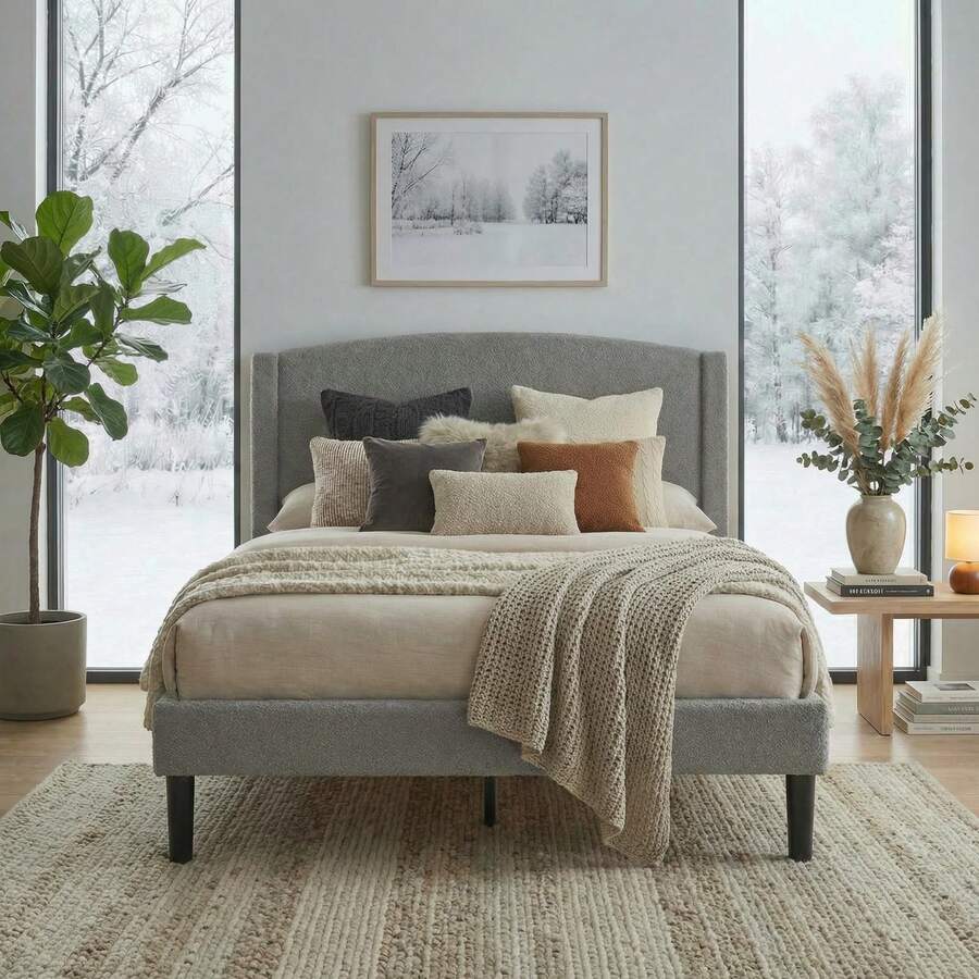 Allewie Modern Full/Queen/King Size Plush Teddy Fabric Bed Frame, Curved Upholstered Headboard, Easy Setup, Reinforced Durable Metal Frame, Under Bed Storage, No Box Spring Required, Gray - Xám - Xem 1