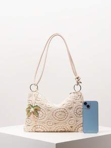 Túi đeo vai họa tiết hoa nhí, Túi xách nữ, Phong cách Bohemian, Túi đi biển mùa hè, Vật dụng cần thiết khi đi du lịch, Vật dụng cần thiết khi đi du thuyền, Trang phục nghỉ mát cho nữ, Bộ móc len, Ví nữ thanh lịch, Quà tặng cho nữ (Họa tiết ngẫu nhiên) - Màu be - Xem 3