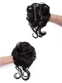 女士凌乱发髻发夹，蓬松高马尾合成卷发发髻接发片，带发夹 - 黑色 - 查看 10